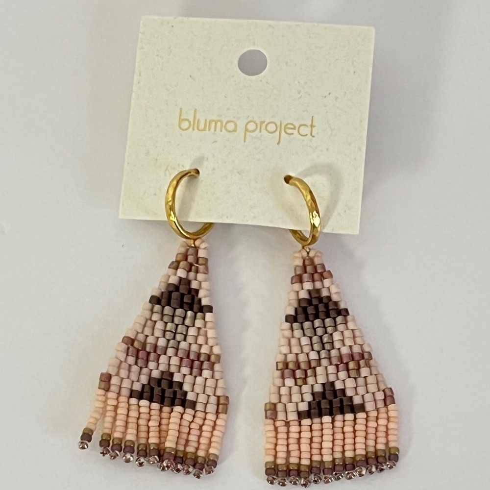 Bluma Project‎ Beaded Fringe Earrings Women OS Pink Tan Gold Tone Geometric Boho